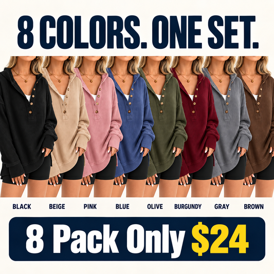 Women’s Oversized V-Neck Hoodie – Relaxed Button Pullover with Side Slits